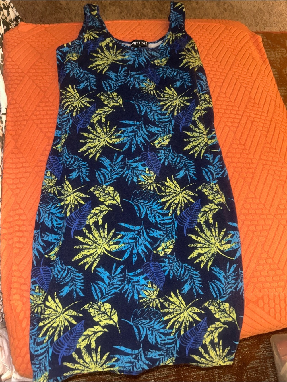 Tropical Print Tank Dress in Navy with Blue & Lime Leaves